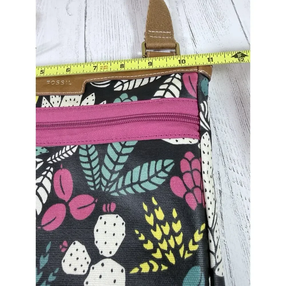 Fossil Dark Floral Cactus Succulent Fiona Crossbody Purse Matching Wallet EUC